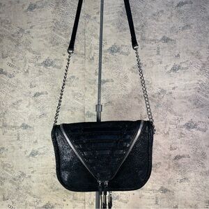 SheLo Black Glitter Leather Crossbody Bag Zipper Detail Shoulder Purse Rocker